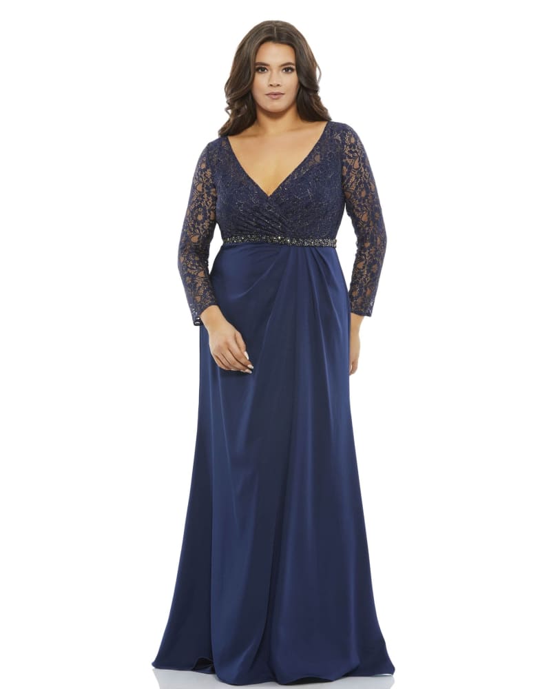 Front of a model wearing a size 14W Lace Illusion Long Sleeve V-Neck Draped Gown in MIDNIGHT by Mac Duggal. | dia_product_style_image_id:289939